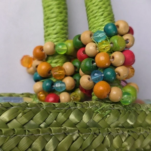 Capelli/Straworld Vibrant Green Woven Tote Bag Purse Beads Beachy BoHo GUC READ - Picture 3 of 14